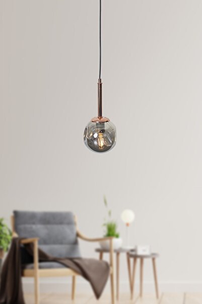 Luzarana Mona Tekli Bakır-Siyah Metal Gövde Füme Camlı Tasarım Lüx Sarkıt Avize