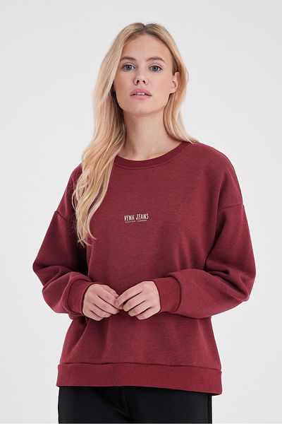 VENA Hanorac de damă Cindy Burgundy cu imprimeu cu gât crew și ridicat