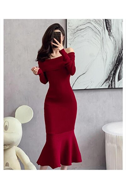 Styling Park Omuz Dekolte Uzun Kol Eteği Volan Midi Elbise