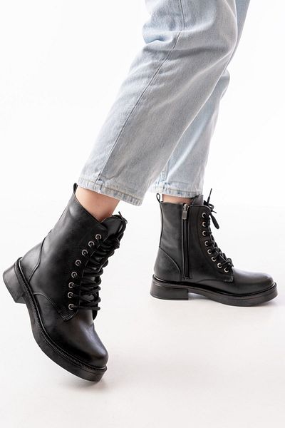 Moda Asmira 02-356 Black Flat Heeled Lace up Zippered Daily Women's Boots