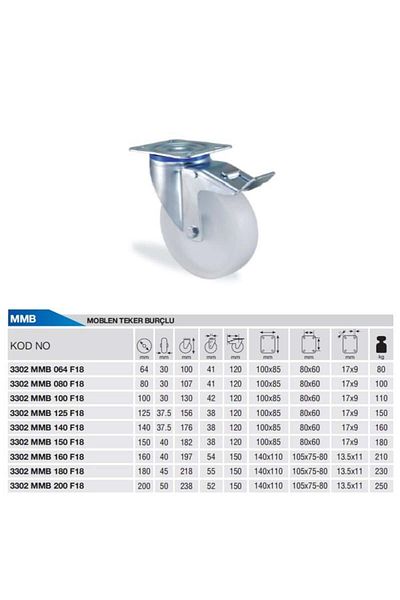 Kama Ø80 Polypropylene Rotary Brake Wheel with Flange Connection 100 Kg. Capacity