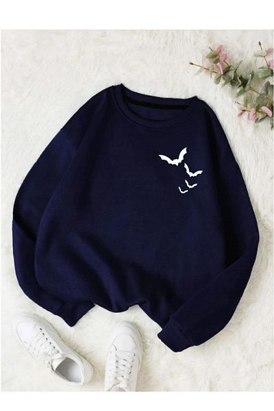 PALPİTO Hanorac oversize pentru damă, albastru bleumarin, cu imprimeu cu lilieci
