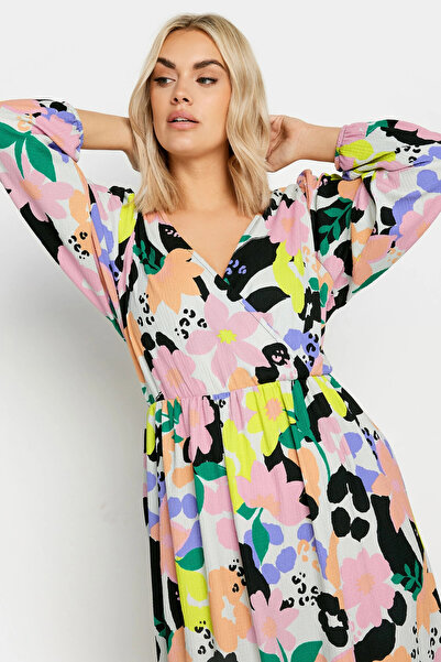 Stil Diva Plus Size V-neck Elastic Sleeves Patterned Midi Wrap Dress