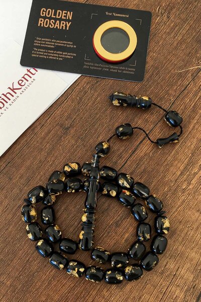 TESBİHKENTİ Mărgele de rugăciune din chihlimbar cu particule de aur, certific...