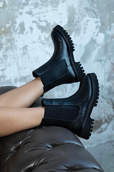 sovrana Rubber Detailed Genuine Leather Boots Black