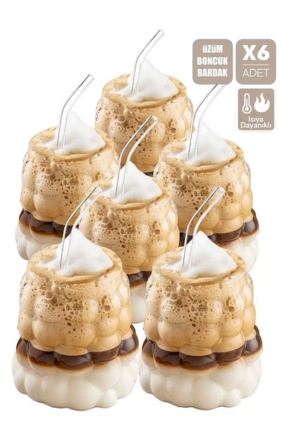MİS KİTCHEN 6 Pcs - 300 ml Cold and Hot Coffee Glass, Grape Grain with Glass Straw