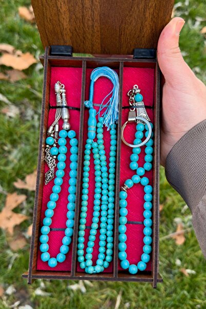 TESBİHKENTİ Set breloc și brățară turcoaz - în cutie de lemn de 99 de 33