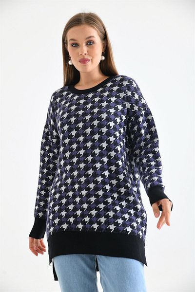 FTZ WOMEN Γυναικεία μπλούζα με σχέδιο Houndstooth Μαύρη 20044