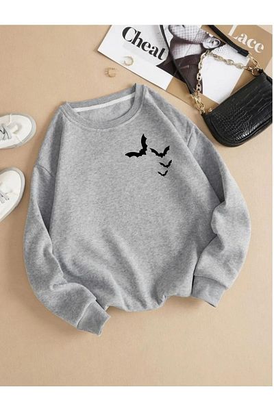 PALPİTO Hanorac oversize cu gât crew cu imprimeu lilieci gri pentru femei