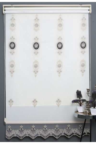 BLINDX Blind-X Gri Çift Mekanizmalı Kadife Yasemin Nakışlı Tül Stor Perde (Da...