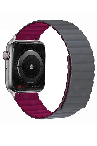 AktarMobile Apple Watch 10 42 mm uyumlu Magnetik Silikon Kordon Çift Renkli M...