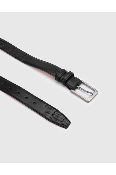 İLVİ Owens Men's Belt Black Genuine Antique Crocodile Print Leather