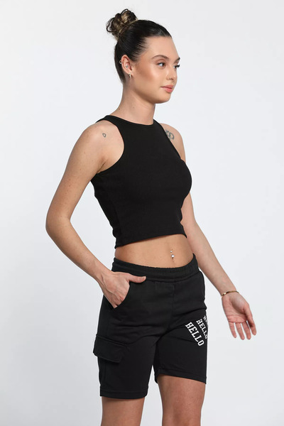 GÜLSELİ Black Elastic Waist Print Detailed Women's Shorts