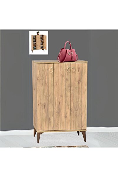 Nevamobilya Sinbo Ayakkabılık Atlantik Çam 3 Kapaklı Raflı Yüksek Ayaklı Çok Gözlü Ayakkabı Dolabı 90x34x105 Cm