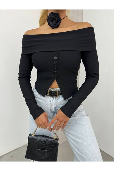 Fav Style Γυναικεία μπλούζα με κουμπιά με λαιμόκοψη με λεπτομέρεια μακρυμάνικη μπλούζα μαύρη