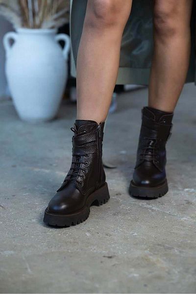 sovrana Belt Detailed Genuine Leather Boots Bitter Brown