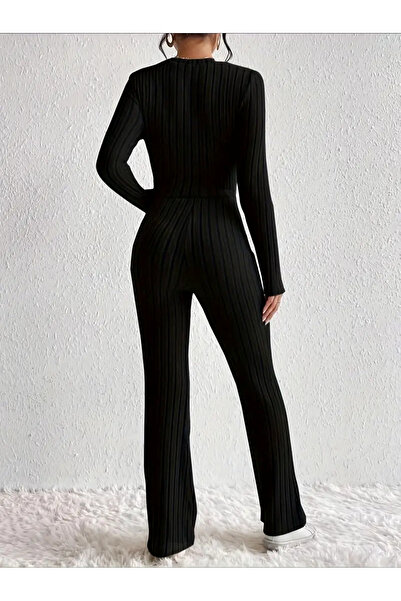 Wild Flower Fekete, hosszú ujjú, kerek nyakú, magas derekú elülső csavaros alsó felső szett