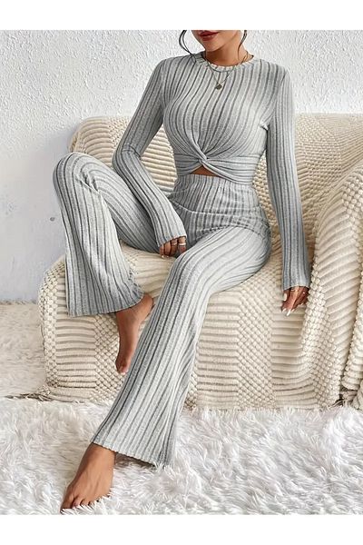 Wild Flower Gray Long Sleeve Round Neck High Waist Front Twist Bottom Top Set