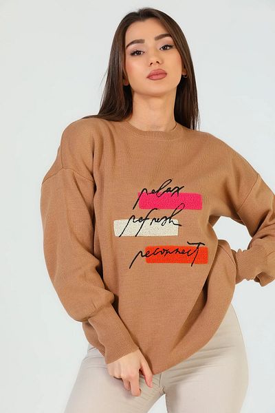 GÜLSELİ Biscuit Women's Crew Neck Embroidered Loose Knitwear Sweater