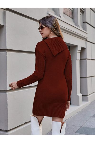 TRQOM Femei Degaje Turtleneck Button Detaliat Păr Tricotat Tunica Roșu Claret Tricotaj Haine