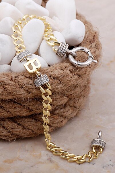 Sümer Telkari B Harfli Gurmet Altın Yaldızlı Gümüş Bileklik 4031