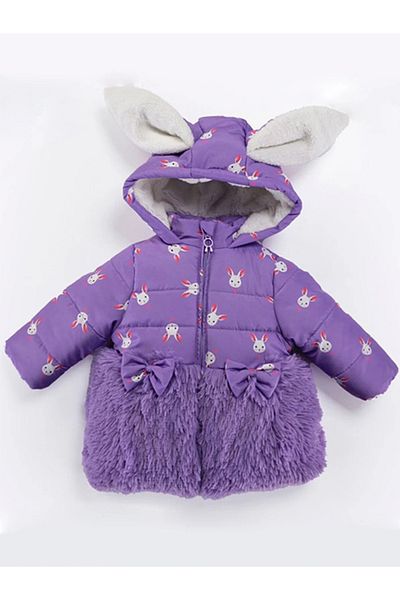 MDM Trendy Baby Girl Coat - Rabbit Print, Bow Ear, Zipper Hood, Plush Inflatable Inside
