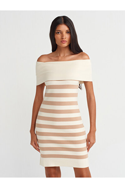 Dilvin 90232 Cream-Red Beige Striped Bardot Collar Knitwear Dress