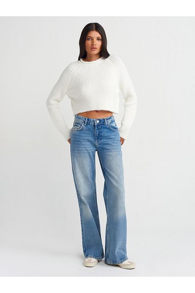 Dilvin 71719 Pantaloni albaștri din denim largi cu talie mijlocie