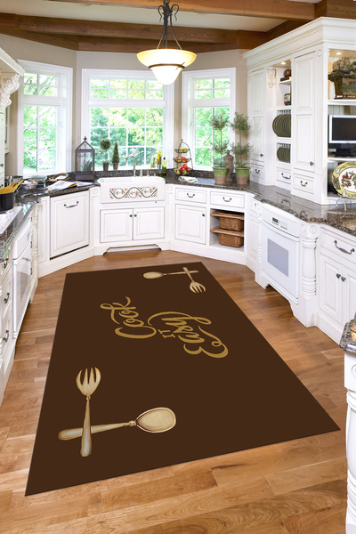 Napoli Home Baskılı Modern Çatal Bıçak Desenli Yıkanabilir Kaymaz Taban Yollu...