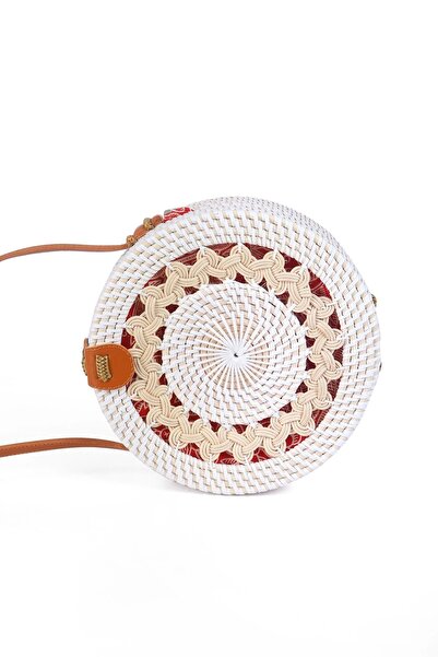 AVANTAGE HOME Daisy- Rattan Handmade Straw Round Shoulder Bag with Leather Strap Ecru Cream