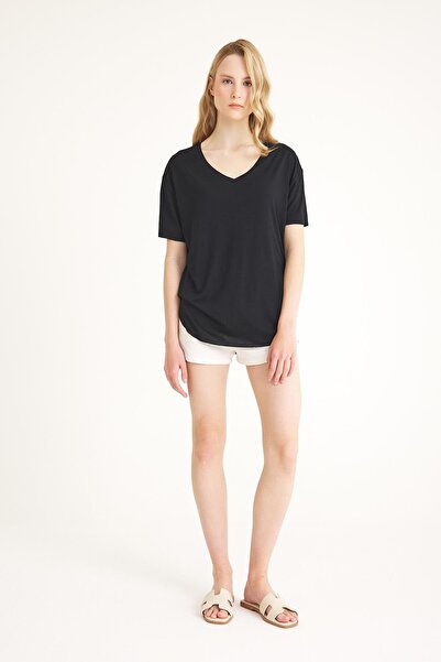 COTENCONCEPT Μπλουζάκι V-Neck Basic Με μείγμα βισκόζης με λεπτομέρεια σκίσιμο