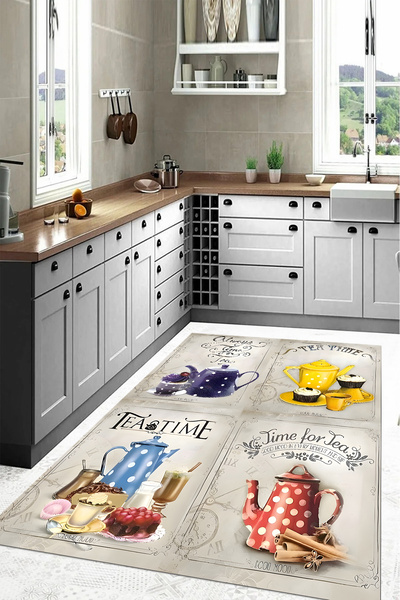 Napoli Home Dijital Baskılı Çaydanlık Motifli Yıkanabilir Kaymaz Taban Yolluk...