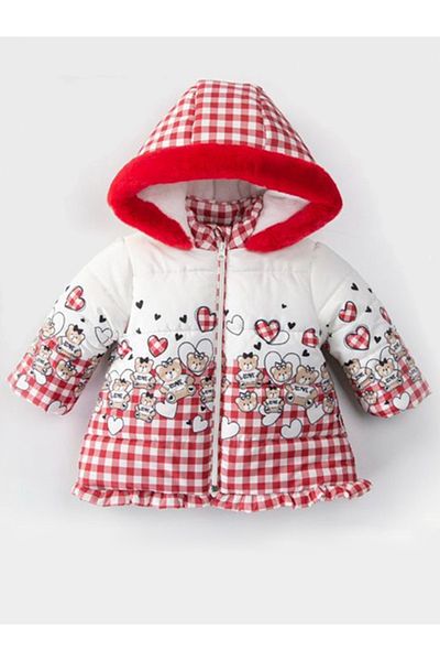 MDM Bear Printed Plush Baby Girl Coat - Ruffle Detailed, Gilded, Fur Hood, Inflatable