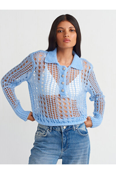 Dilvin 10624 Πλεκτό πουλόβερ με λαιμόκοψη μπλε πόλο και πέτρινα κουμπιά