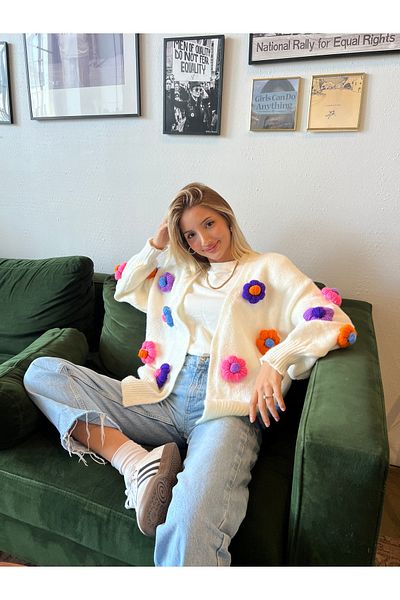 B2K FASHION Cardigan cu flori de culoare albă