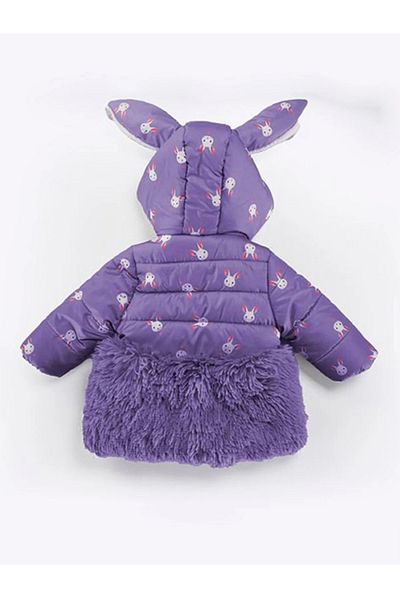 MDM Trendy Baby Girl Coat - Rabbit Print, Bow Ear, Zipper Hood, Plush Inflatable Inside