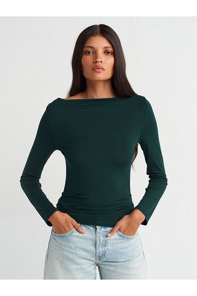Dilvin 31213 Long Sleeve Green Boat Neck Ball