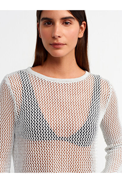 Dilvin 10350 Πουλόβερ με ανοιχτόχρωμο σχέδιο με λαιμόκοψη-ανοιχτό γκρι