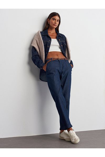 Dilvin 71724 Double Leg Belted Denim Trousers-Navy Blue