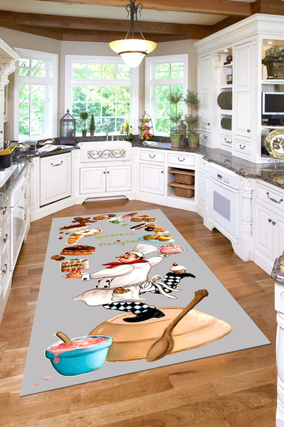 Napoli Home Dijital Baskılı Pasta Şef Desenli Yıkanabilir Kaymaz Taban Yolluk...