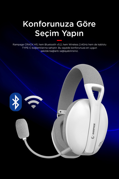 Rampage Crack H11 Beyaz 2.4ghz Usb + Bluetooth Kablosuz Mikrofonlu Profesyonel Gaming Oyuncu Kulaklığı 7.1