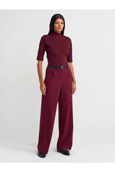 Dilvin 71526 Claret Red High Waist Belted Trousers