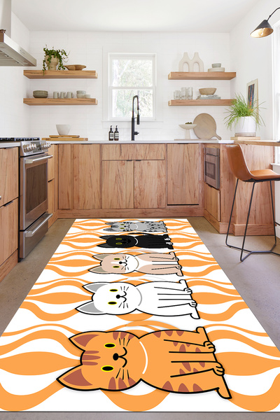 Napoli Home Dijital Baskılı Kedi Figürlü Yıkanabilir Kaymaz Taban Yolluk Salo...