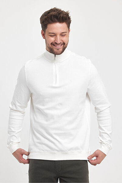 ENQUE Ανδρικό χειμερινό μακρύ φούτερ με φερμουάρ με γιακά λευκό