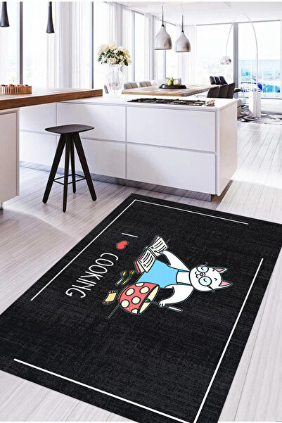 Napoli Home Baskılı Yemek Pişiren Kedi Motifli Yıkanabilir Kaymaz Taban Yollu...