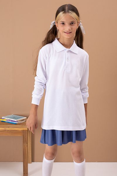 Cansın Mini Tricou alb cu gât polo pentru fete - mânecă lungă, uniformă școlară 19456