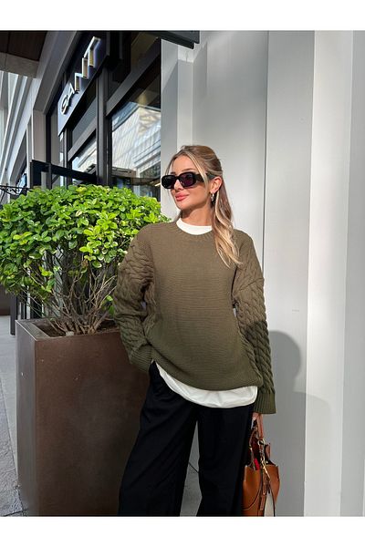 B2K FASHION Khaki Hair Knit Crew Neck Oversize Sweater