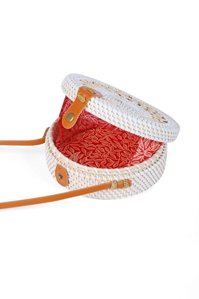 AVANTAGE HOME Daisy- Rattan Handmade Straw Round Shoulder Bag with Leather Strap Ecru Cream