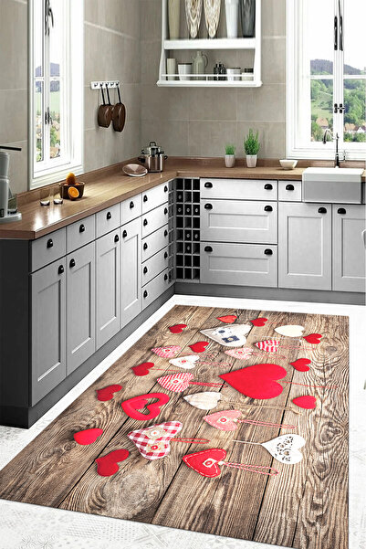 Napoli Home Dijital Baskılı Kalp Motifli Yıkanabilir Kaymaz Taban Yolluk Salon Mutfak Halısı