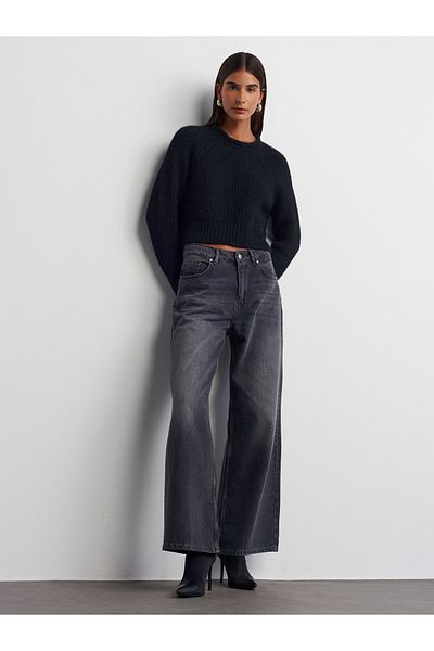 Dilvin 71720 Model - Black Wide Cut Laser Cut Denim Trousers